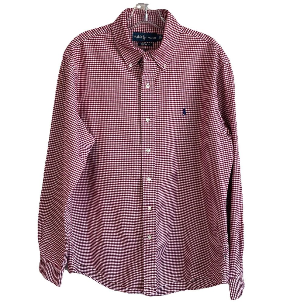 Polo Ralph‎ Lauren Mens L Custom Fit Button Down Shirt Red White Gingham Plaid